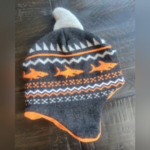 Kids Shark Pattern Knit Hat - Black and Orange